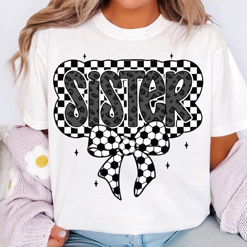 Retro Soccer Sister T-Shirt, Soccer Sister T-Shirt, Soccer Coquette T-Shirt, Game Day Soccer Bow T-Shirt, Checkered Soccer T-Shirt, Soccer T-Shirt