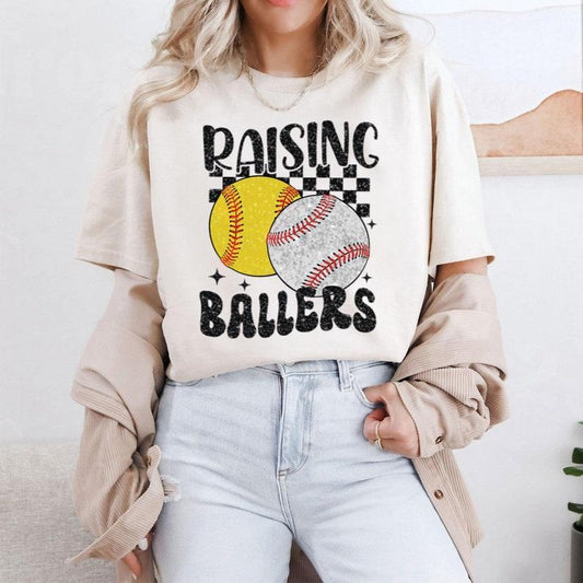 Retro Softball Baseball T-Shirt, Baseball T-Shirt, Sports T-Shirt, Raising Ballers T-Shirt, Baseball Mom Cotton Fit