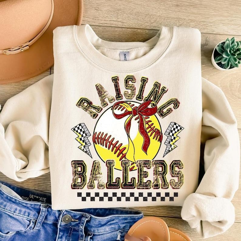 Retro Softball Baseball , Raising Ballers , Game Day Softball , Baseball Coquette Bow , Baseball Mom , Funny Baseball Sweatshirt
