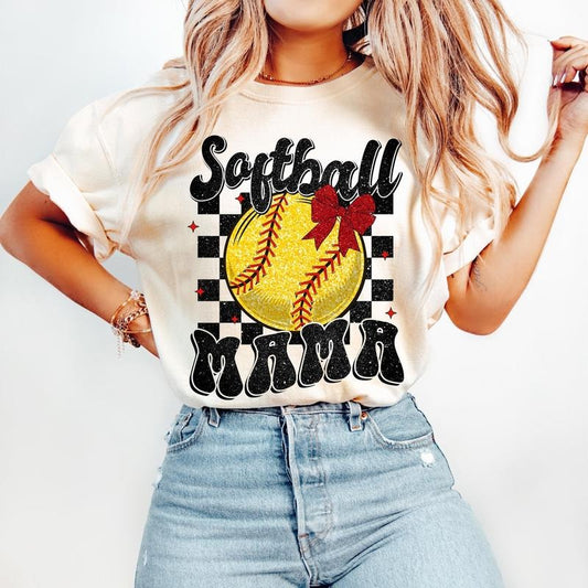 Retro Softball Mama Coquette T-Shirt, Softball T-Shirt, Softball Coquette T-Shirt, Game Day T-Shirt, Softball Mom T-Shirt, Checkered Softball Bow T-Shirt