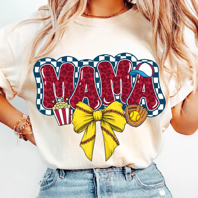 Retro Softball Mama T-Shirt, Leopard Mama Softball Shirt, Game Day T-Shirt, Checkered Softball Coquette Bow Shirt, Softball Mom T-Shirt