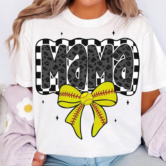 Retro Softball Mama T-Shirt, Softball Mama T-Shirt, Softball Coquette T-Shirt, Game Day Softball Bow T-Shirt, Checker Softball T-Shirt