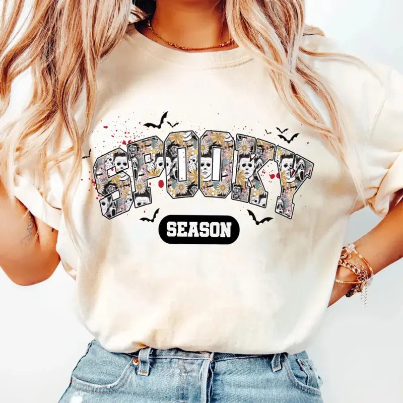 Retro Spooky Season Shirt, Spooky Season Shirt, Halloween Shirt, Ghost Halloween Shirt, Spooky Season Distressed Shirt, Unisex Short Sleeve Tee Shirt, Casual Clothing Top Womenswear Women