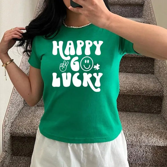 Retro St Patrick's Day Baby Tee, Happy Go Lucky Sweat, Funny St Patrick's Day Baby Tee, Y2K 2000's Style, Streetwear Style