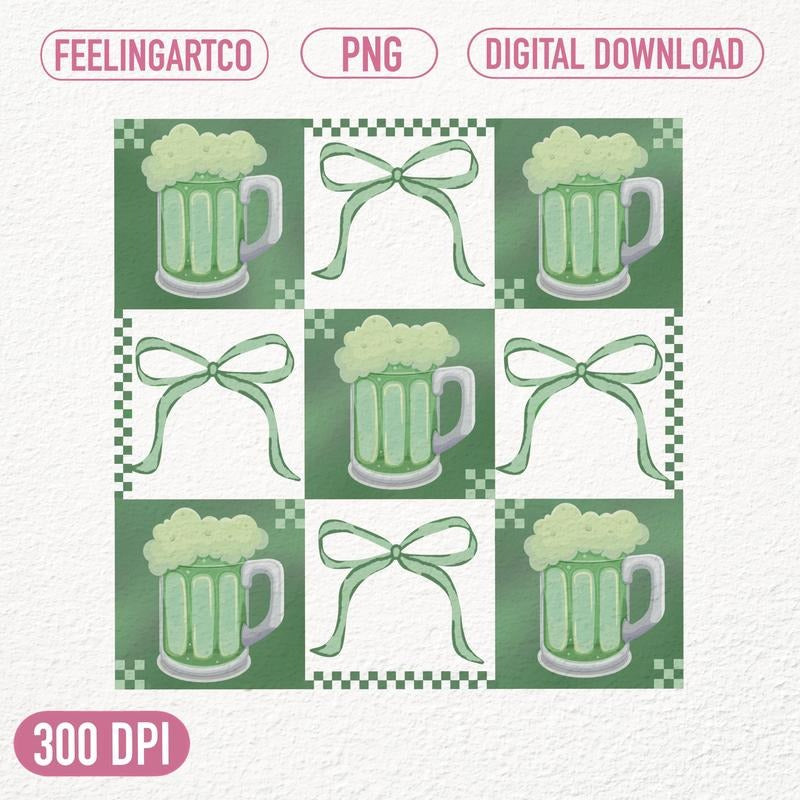 Retro St Patrick's Day Beer Checkered Coquette Bow Green Beer Vintage Irish Pub St Patrick's Day Lucky