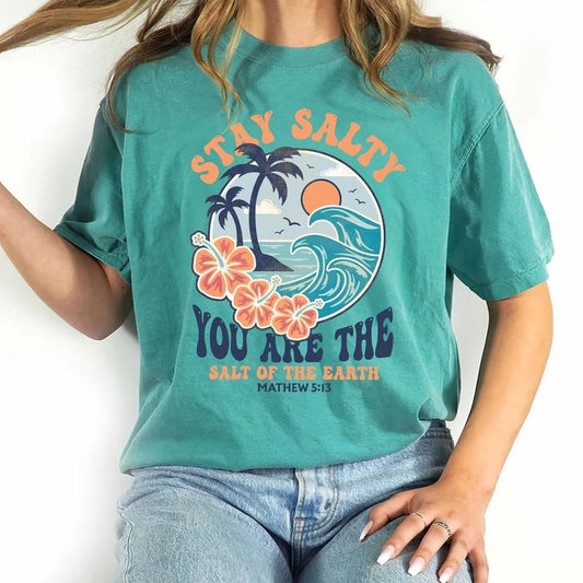 Retro Stay Salty Summer Vintage Graphic Shirt, You Are The Salt of The Earth Shirt, Bible Verse Christian Apparel, Hello Summer Tshirt, Summer Vibes Tops For Women, Holiday Beach Shirt, Comfy Cotton Womenswear, Oversized Cotton Fabric Relaxed Chic Style