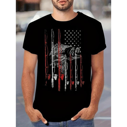 Retro Style Fishing Rod And Novel American Flag Pattern Crew Neck And Short Sleeve T-shirt, Stylish And Chic Summer Tops For Men's Outdoors Wear Made in USA