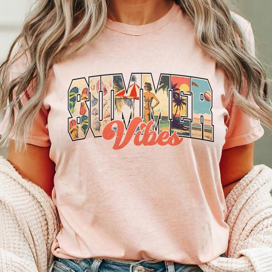 Retro Summer Vibes Graphic Tee Beach Vibes Summer Vintage Tshirt Casual Summer Women's Shirt Lightweight Ocean Vacation Top