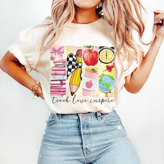 Retro Teacher T-Shirt, Teacher Coquette T-Shirt, Teach Love Inspire, Teacher Appreciation Gift, Last Day of School T-Shirt, Brushstroke Teacher T-Shirt