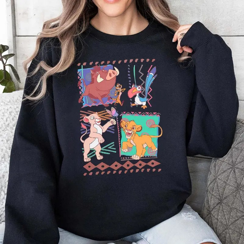 Retro The Lion King Group Characters Sweatshirt, Mufasa Simba Timon Pumbaa, Family Matching T-shirt, 2024 Trip Outfit