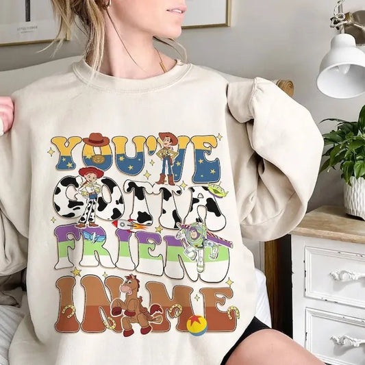 Retro Toy Story You've Got A Friend In Me T Shirt Hoodie Sweater, Toy Story Characters Group Matching, Woody, Buzz Lightyear, Bullseye, land Family Tee
