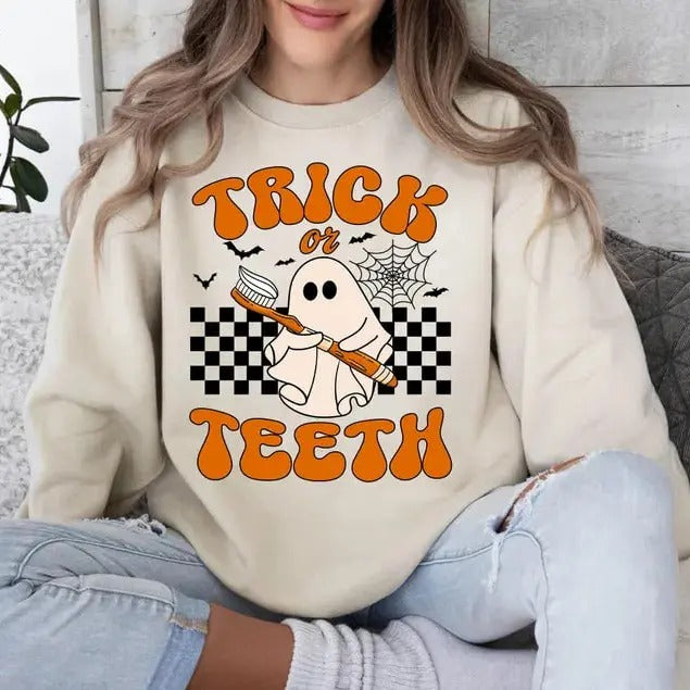 Retro Trick Or Teeth Sweatshirt, Funny Dental Halloween T-Shirt, Funny Dental Hygienist Halloween, Spooky Dentist Shirts, Dental Assistant