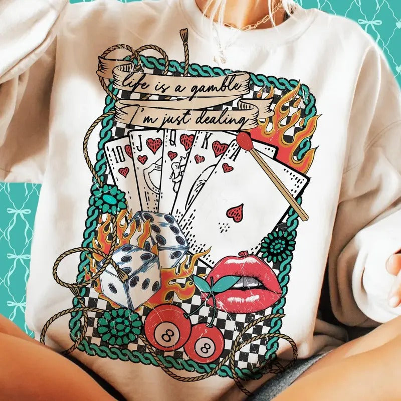 Retro Turquoise Western Country Sweater, Life is a Gamble Wild West Girls Shirt, Retro Cowgirl Western Tee, Country Girl Gift