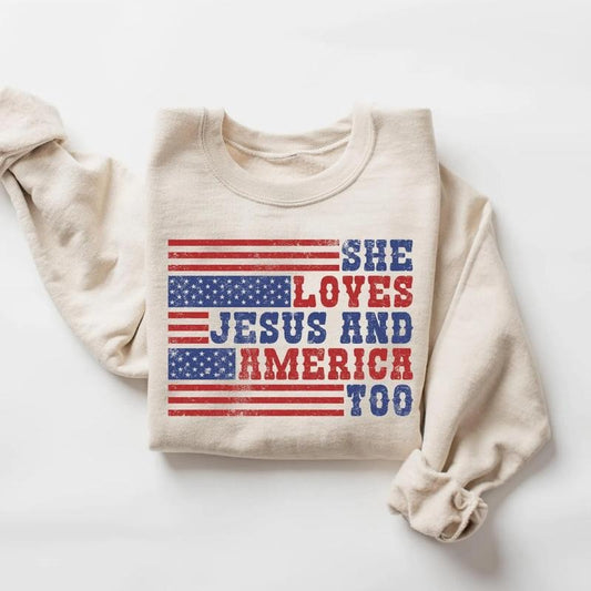 Retro USA T-Shirt Sweatshirt, She Loves Jesus And America Too, Womens USA Crewneck Sweatshirt, USA Shirt, America Sweatshirt, 4th of July Sweatshirt