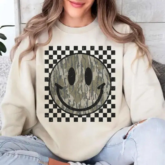 Retro Vintage Camo Bow Smile Hunting Sweatshirt, Coquette Bow Camo Design Shirt