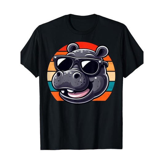 Retro Vintage Hippo Hippopotamus Sunglass T-Shirt-Comfortable, Crew Neck, Casual, Print, Fashion, 220g, 100%cotton made in usa