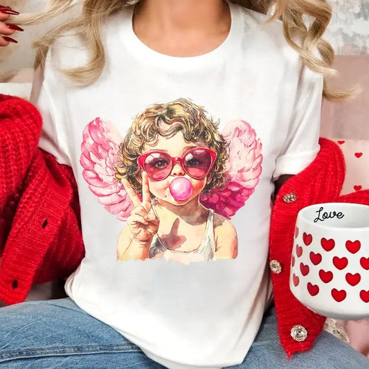 Retro Vintage Valentines Day Cupid with Bubblegum Unisex sized Softstyle T-shirt