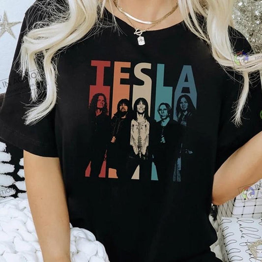 Retro Vtg Tesla Rock Band Black T-shirt Unisex Cotton All Sizes