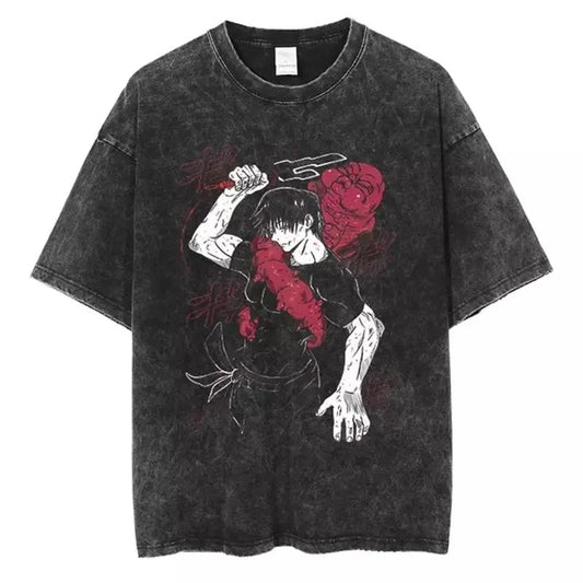 Retro Washed T-shirt Jujutsu Kaisen Fushiguro Megumi Fashion Short Sleeves