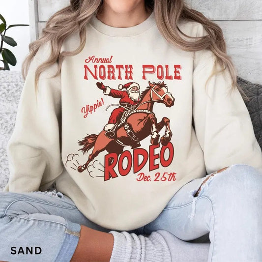 Retro Western Christmas Sweatshirt, North Pole Rodeo Sweatshirt, Trendy Western Holiday Shirt, Cute Country Christmas Shirt, Cowboy Santa Christmas Gift Idea 2024, Gift For Him, Gift For Her