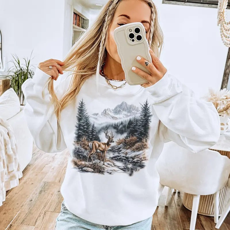 Retro Whitetail Buck Deer Winter Mountain Scene Sweatshirt, Nineties 90s Vintage Deer Nature Lover Outfit, Boho Unisex Crewneck Sweatshirt