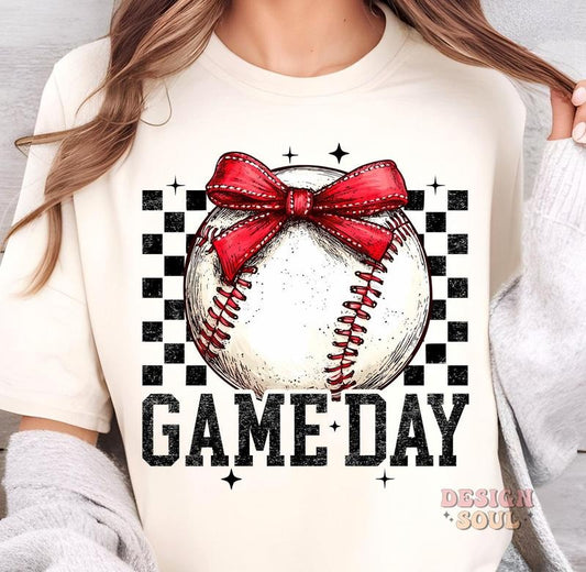 Retro game day baseball T-Shirt, baseball mama T-Shirt, baseball coquette T-Shirt, checkered baseball T-Shirt, baseball bow T-Shirt