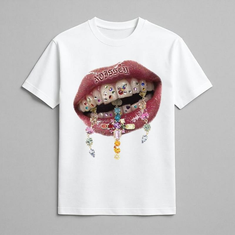 Rhinestone Cross Art Tooth Decal Print T-Shirt, Vintage T-Shirt, Y2k Clothing, Y2k Shirt, Y2k Fashion Unisex Cotton Crewneck T-Shirt Menswear Womenswear Underwear Streetwear Top Summer