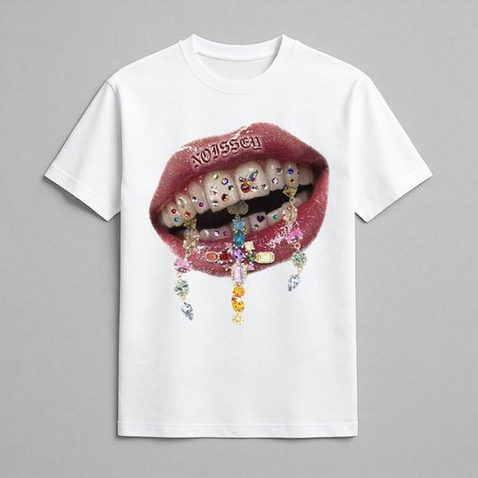 Rhinestone Cross Art Tooth Decal Print T-Shirt, Vintage T-Shirt, Y2k Clothing, Y2k Shirt, Y2k Fashion Unisex Cotton Crewneck T-Shirt Menswear Womenswear Underwear Streetwear Top Summer