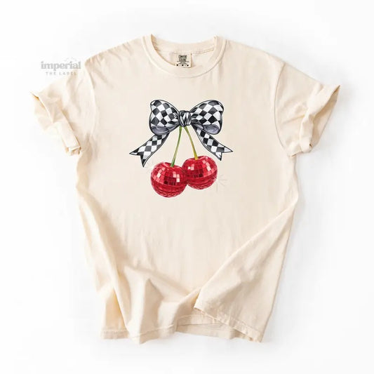 Ribbon Cherry Comfort Colors T-Shirt, Vintage Graphic Tee, Garment-Dyed Cotton, Unisex Relaxed Fit, Casual Aesthetic Streetwear