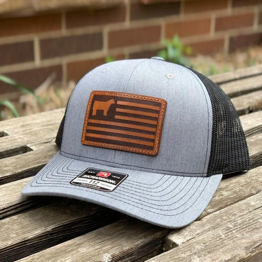 Richardson 112 Laser Engraved Leather Patch Hat- Show Steer American Flag Cow Calf Hand Stitched Real Leather