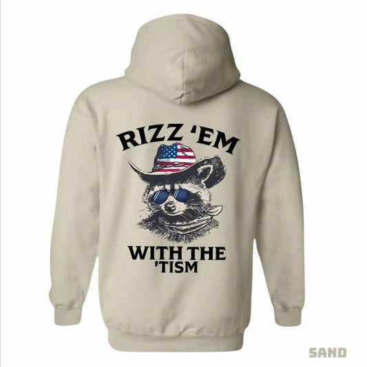 Rizz 'Em With The 'Tism Hoodie - Featuring A Raccoon Wearing An American Cowboy Hat And Sunglasses, Perfect Graphic For Outdoor, Funny Tee Casual Top