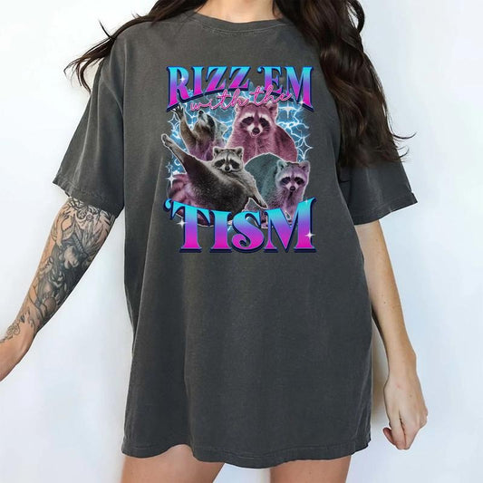 Rizz 'Em With The 'Tism Shirt, Vintage Funny Raccoon Graphic Tee, Raccoon Meme Tee Tee, Unisex Meme Shirts, Unisex Comfort Oversized Graphic Tee, Women's Tops, Womenswear, Cotton Fabric Relaxed Fit Chic Style