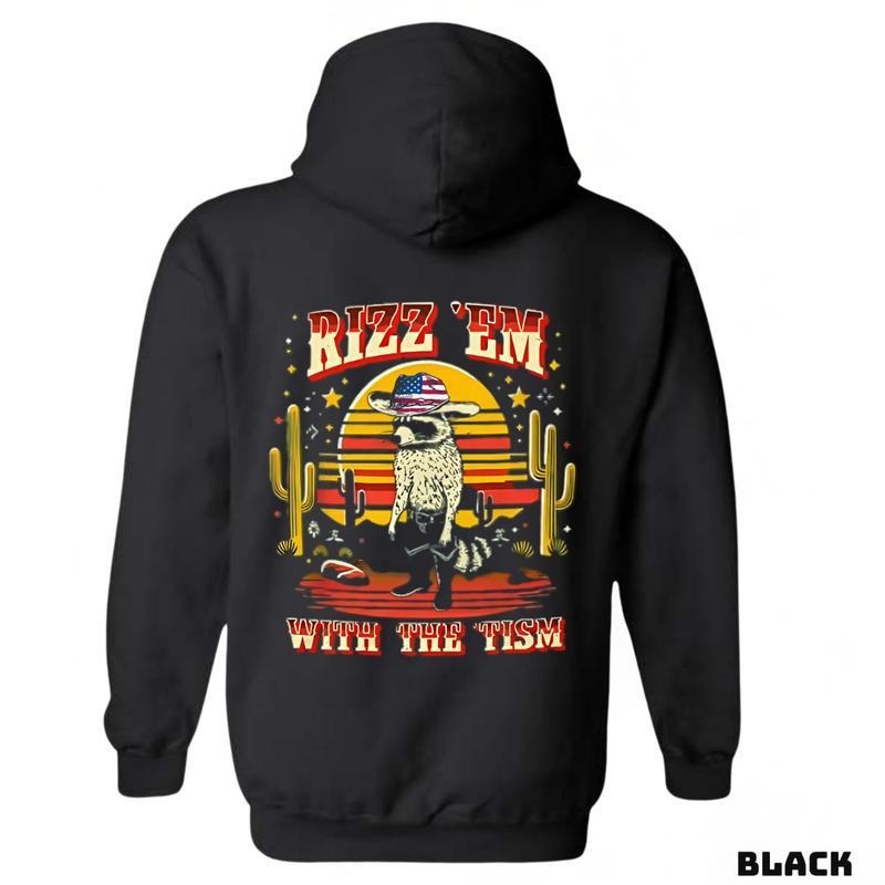 Rizz 'Em With The 'Tism sweatshirt-tshirt-hoodie, Featuring a raccoon in an American cowboy hat set against a vibrant desert sunset, delivering a fun and unique styleevents.  and unisex.
