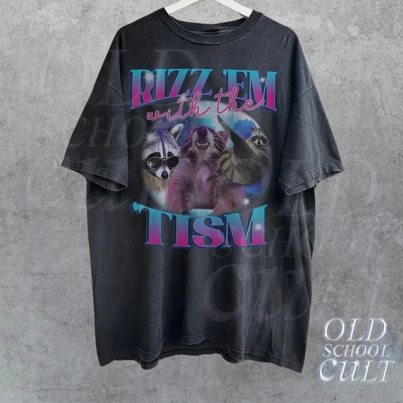 Rizz Em With The Tism Retro Shirt, Vintage Funny Raccoon Graphic Shirt, Autism Awareness, Raccoon Meme Tee, Relaxed Soft Cotton Shirt