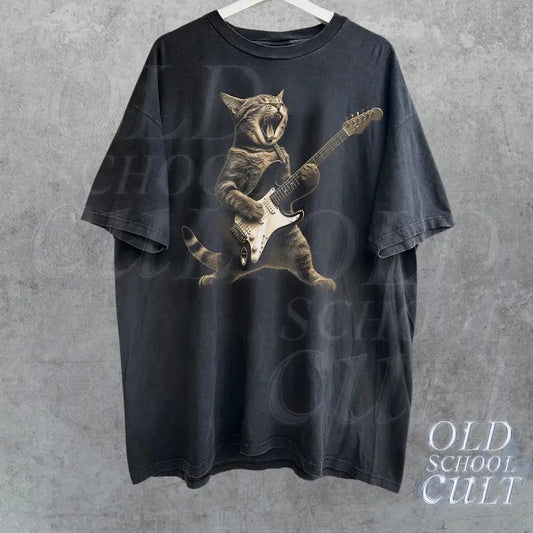 Rock Cat Playing Guitar Vintage Shirt, Retro Funny Guitar Cat T-Shirt, Cat Lovers, Rock Lovers Gift, Funny Gift, Rocker Oversized Shirt