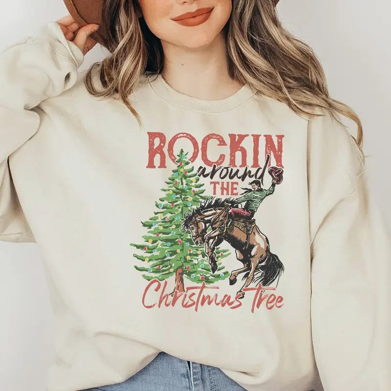 Rockin' Around The Christmas Tree Sweatshirt, Retro Christmas Western Sweatshirt, Cowboy Christmas Sweatshirt, Christmas Gift, Family Shirt christmas sweatshirt western christmas list
