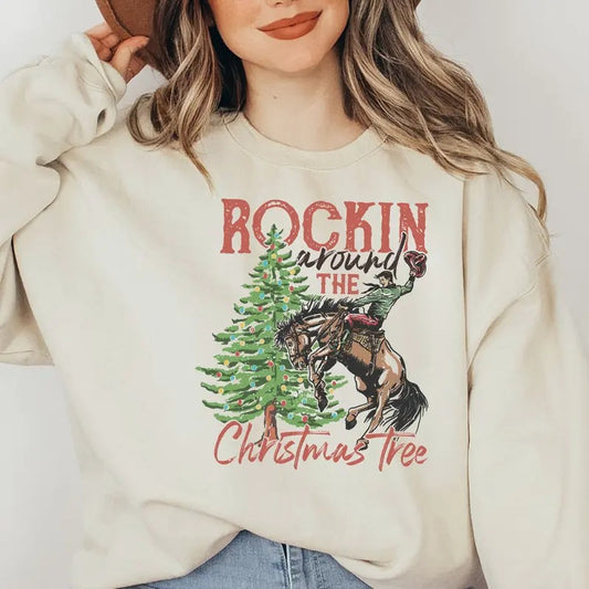 Rockin' Around The Christmas Tree Sweatshirt, Retro Christmas Western Sweatshirt, Cowboy Christmas Sweatshirt, Christmas Gift, Family Shirt christmas sweatshirt western christmas list