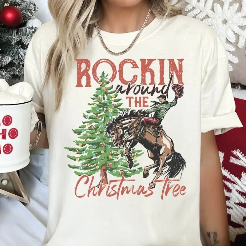 Rockin Around The Christmas Tree Shirt, Country Christmas Shirt, Retro Xmas Western Shirt, Cowboy Christmas Family Tee LS673