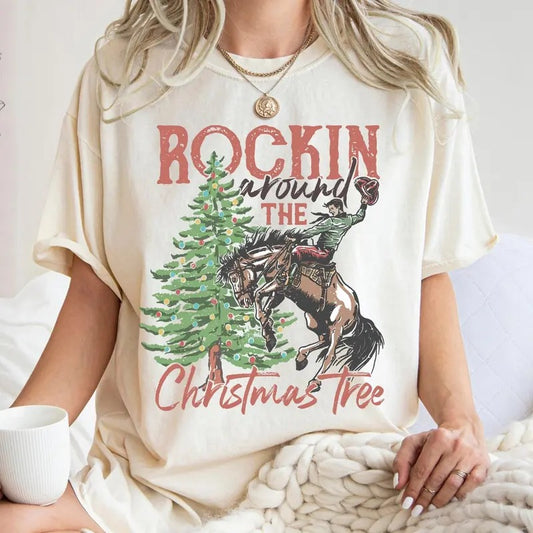 Rockin around the Christmas Tree Countryside Western Cowboy Shirt, Retro Vintage Western Christmas Unisex Tee