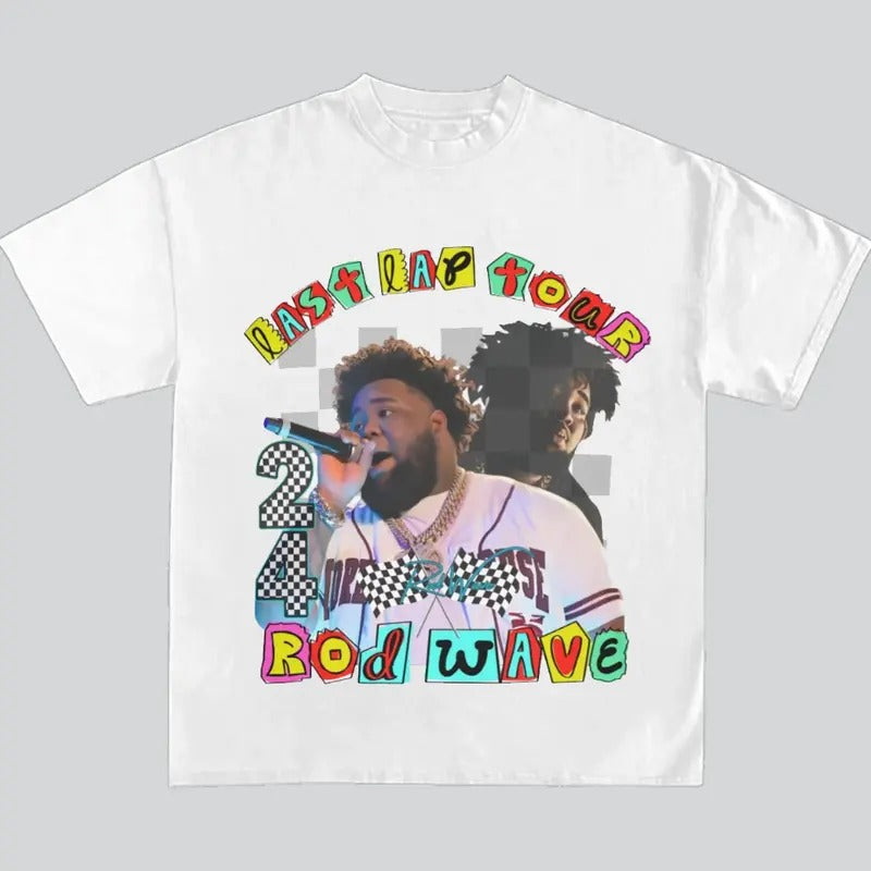 Rod Wave Last Lap 24 Flag Racing Graphic Big Face Rap Tee Shirt Top Shortsleeve