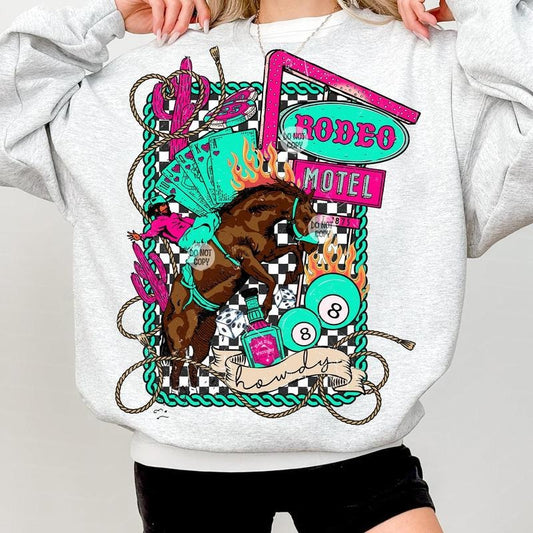 Rodeo Motel Sweatshirt, Western Cowboy Sweatshirt, Neon Wild West Sweatshirt, Checkered Rodeo, Vintage Country Aesthetic, Retro Western Sweater