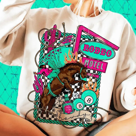 Rodeo Motel Western Cowboy Sweater, Neon Wild West Checkered Rodeo Shirt, Vintage Country Aesthetic Shirt, Gift for Her