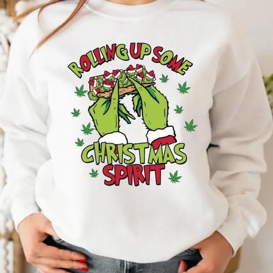 Rolling Up Some Christmas Spirit SweatShirt T Shirt, G.r.ii.ch.mas Shirt For Sale, Retro Christmas Sweatshirt, Christmas Sweatshirt Crewneck