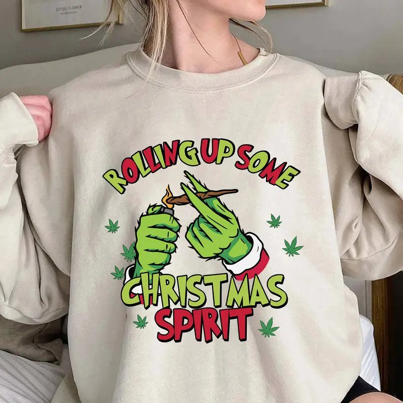 Rolling Up Some Christmas Spirit SweatShirt, G.r.ii.ch.mas Shirt For Sale, Retro Christmas Sweatshirt, Christmas Sweatshirt Crewneck