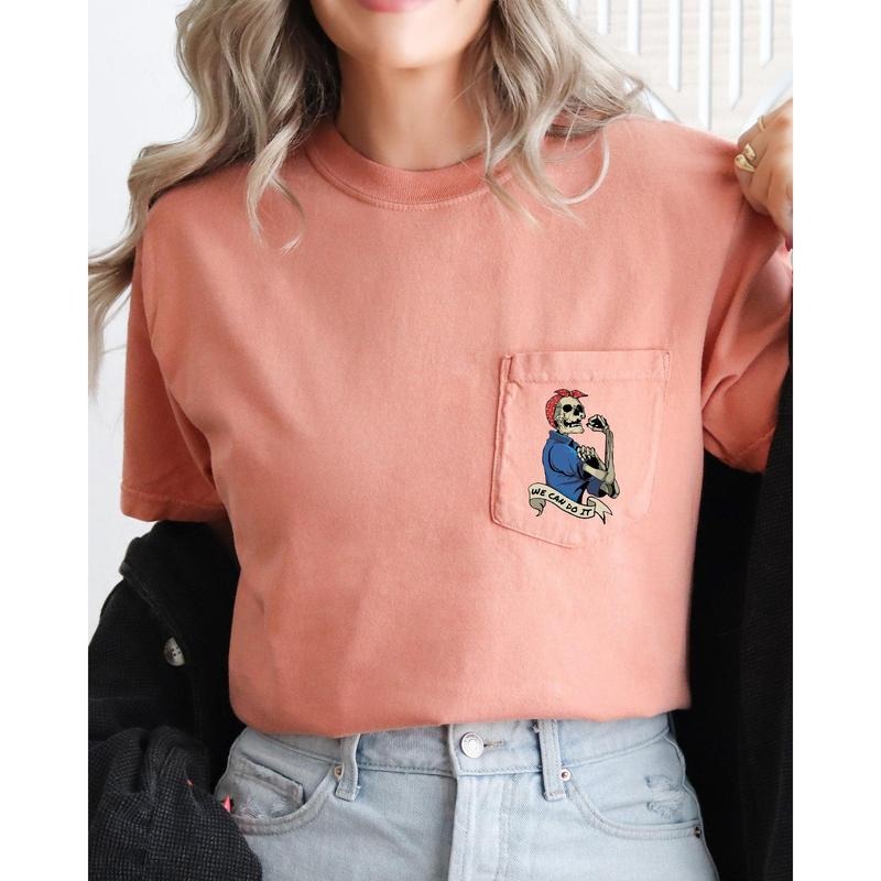 Rosie the Riveter, Skeleton, Halloween Pocket Tee, Women's, Comfort Colors Tee, Spooky, Tshirt, Witch, Pumpkin, Ghost, Skeleton