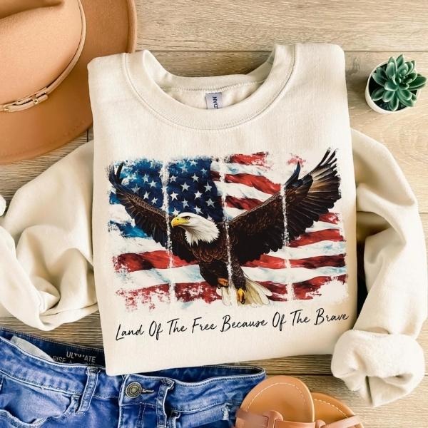 [SALE UP TO 60%] American Flag Eagle T-Shirt Sweatshirt, Memorial Day & 4th of July Graphic Tee, Land of the Free Shirt, Patriotic Tribute for Heroes