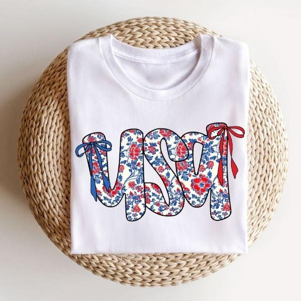 [SALE UP TO 60%] Cute Coquette 4th of July T-Shirt Sweatshirt, Memorial Day USA Tee for Women, Retro Floral Flag Shirt, Red White Blue Summer Top