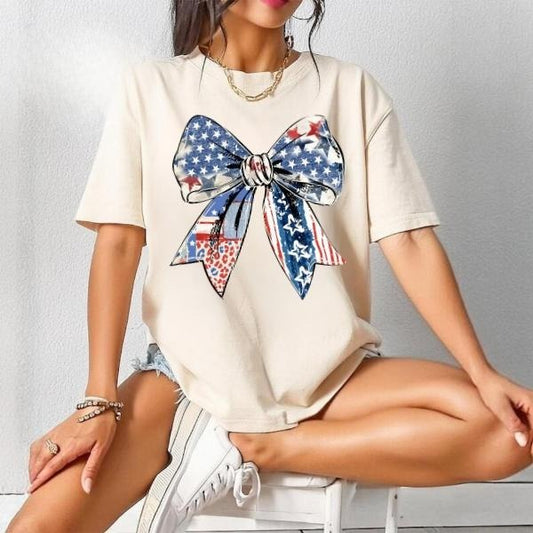 [SALE UP TO 60%] Cute Coquette USA T-Shirt Sweatshirt, Memorial Day And Independence Day Tee, American Girl Bow Graphic, Soft Patriotic Summer Shirt