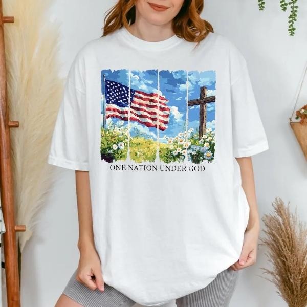 [SALE UP TO 60%] Faith Family Freedom T-Shirt Sweatshirt, Memorial Day And 4th of July Christian Tee, One Nation Under God Retro USA Cross Patriotic Shirt