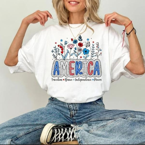 [SALE UP TO 60%] Floral Brushstroke USA T-Shirt Sweatshirt, Memorial Day and 4th of July Tee for Women, Retro Patriotic Graphic, Cute America Pride Top